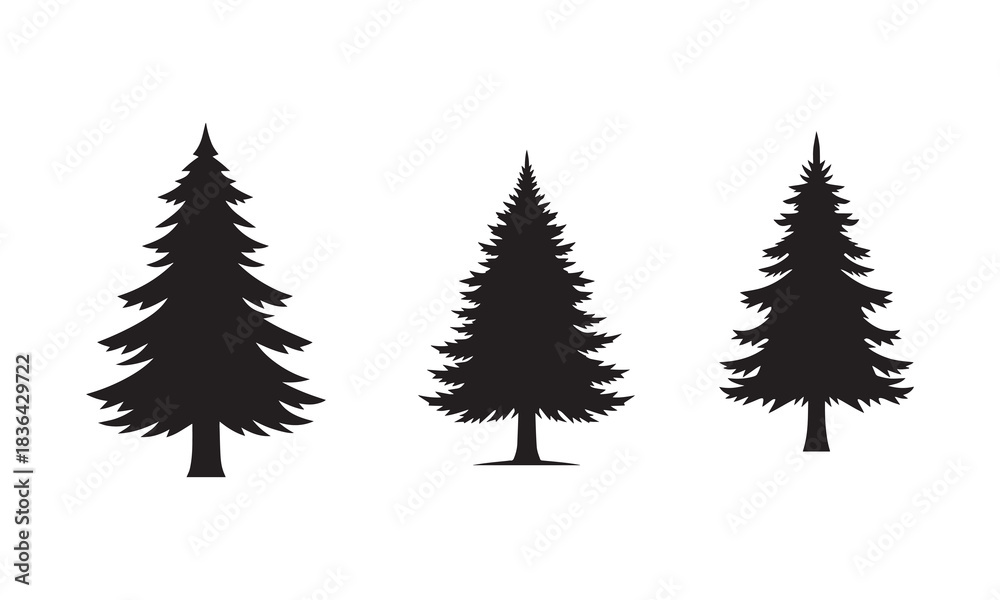 Obraz premium Three silhouetted evergreen trees with adobe illustrator icon on a white background