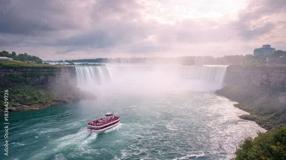 Fototapeta premium Tourist boat navigating the river near Niagara Falls, with water mist and natural landscape. Famous landmark for travel and vacation.