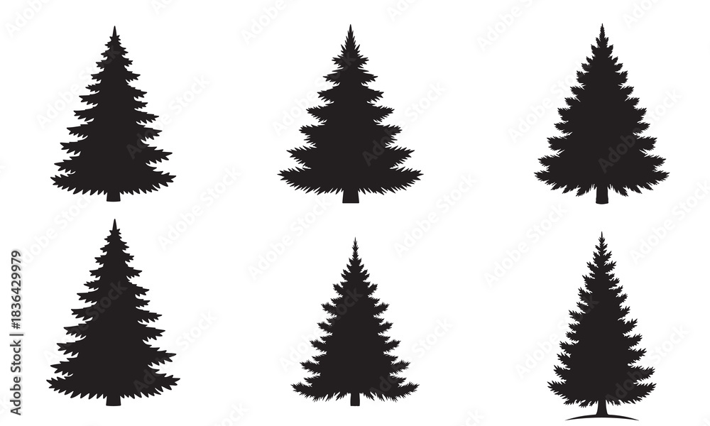 Obraz premium Collection of six black silhouette christmas trees in varying sizes and styles on a white background