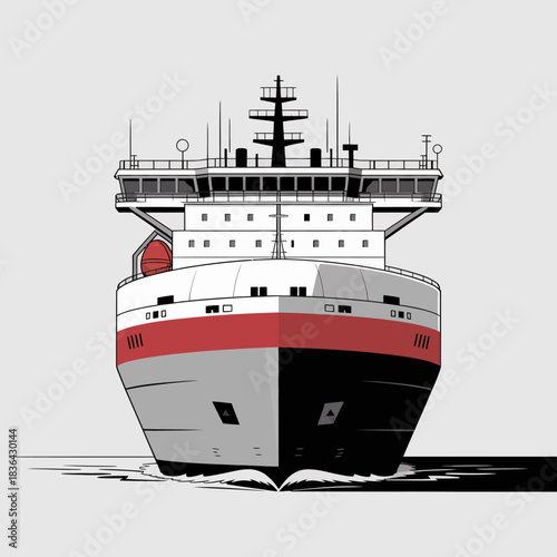 A stylized depiction of a modern icebreaker ship, featuring bold colors and clean lines, showcasing its powerful structure designed for navigating icy waters effectively.
