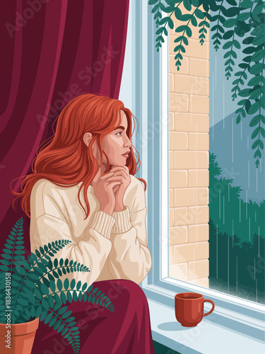 A contemplative woman sits by a window, gazing thoughtfully at the rainy outdoors, encapsulating moments of introspection and emotional connection to nature's beauty and tranquility.
