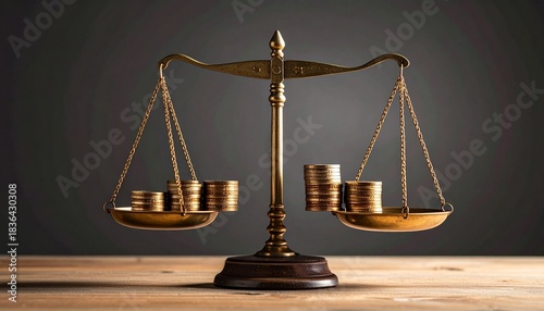 Brass balance scale with coins on wooden surface showcasing financial equilibrium and symbolic clarity