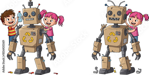 Happy kids recycling plastic bottle into cardboard robot, environmental protection, sustainability, green concept.