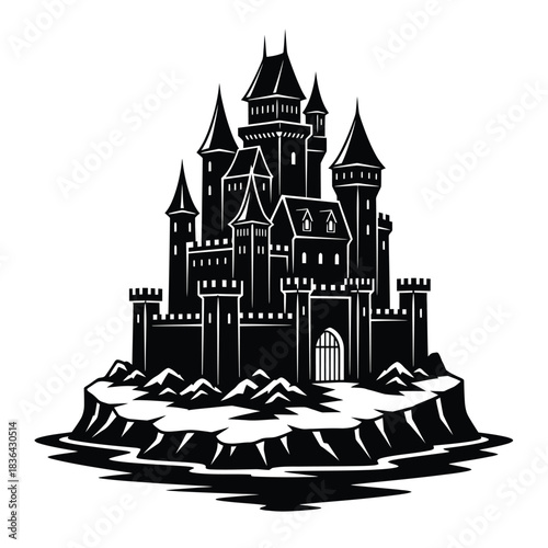 Black silhouette of a medieval castle on a rocky island