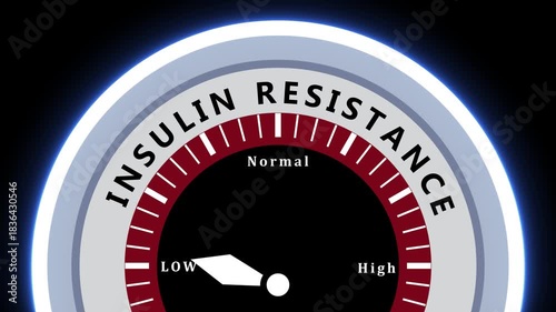 Insulin Resistance Meter Showing High Level on a Black Background Keywords: insulin resistance, meter, gauge, dial, measurement, health, medical, diabetes, blood sugar, glucose, high, low, normal