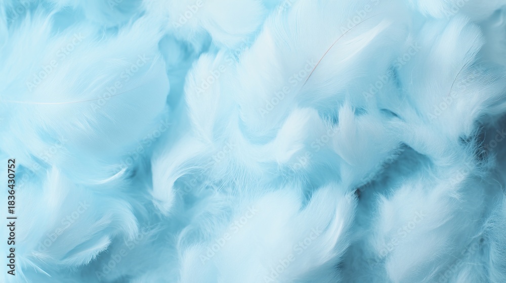 Obraz premium White fluffy feathers placed against a soft light blue background, showing high resolution details that highlight the delicate texture of the feathers for a clean and gentle visual.