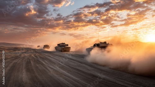 Military tanks driving through desert at sunset. Armored vehicle convoy moving in dust. Army training and combat operations concept.