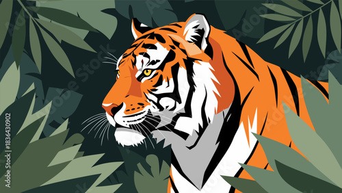 Majestic Tiger Portrait in Lush Green Jungle Foliage Illustration