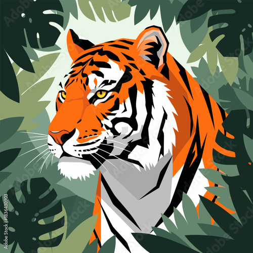 Majestic Tiger Portrait Surrounded by Lush Green Jungle Foliage