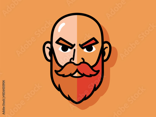 Cartoon vector illustration of a serious bald man with a bold red beard and mustache, depicting a determined character face, ideal for avatars and profile pictures