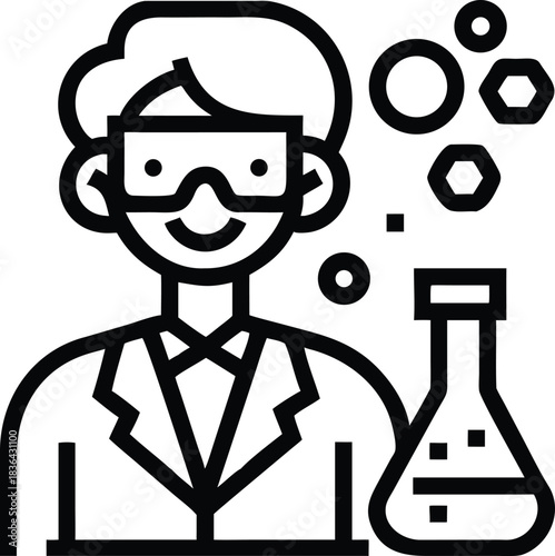 Person wearing safety glasses and lab coat next to flask and geometric shapes