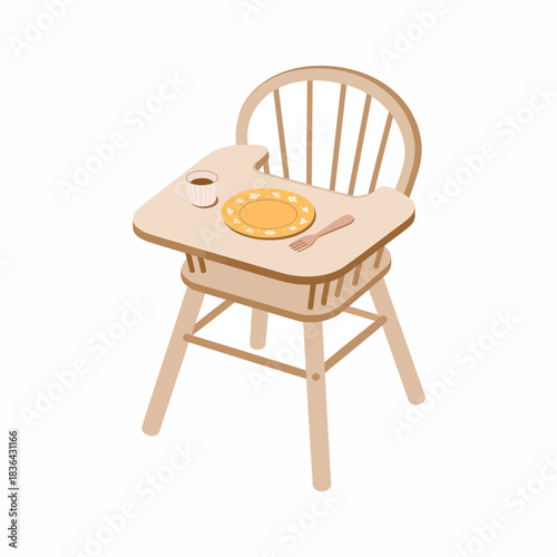 A beautifully designed wooden high chair displays a plate of food and a cup, perfect for toddlers enjoying a meal. The natural wood finish adds warmth to the setting.