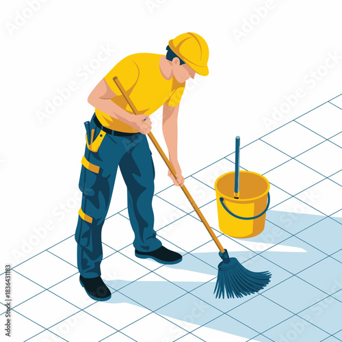 A dedicated worker cleaning a tiled surface with a mop, illustrating the importance of cleanliness, hard work, and maintenance in everyday environments.