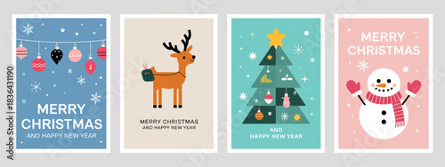 Set of Christmas and New Year Snow Postcards, Flat Holiday Postcard Template Vector