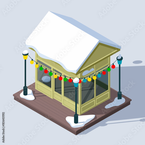 A cozy winter gazebo adorned with colorful lights, surrounded by snow, creating a picturesque setting ideal for holiday gatherings and winter celebrations.