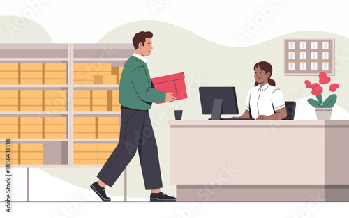 A cheerful illustration showcasing a customer interacting with a service representative at a store, emphasizing the importance of good customer service and support.