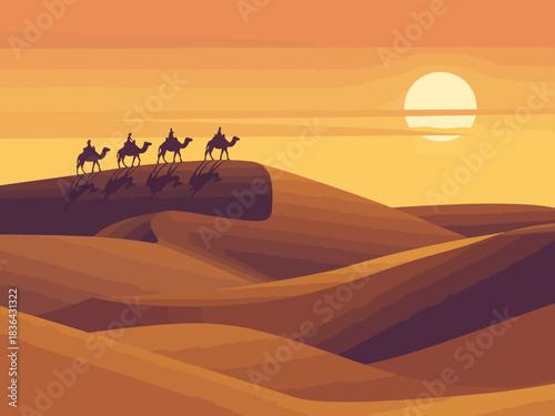 A caravan of camels traverses the vast desert dunes, set against a stunning sunset backdrop that highlights the majestic beauty of the sand and sky.