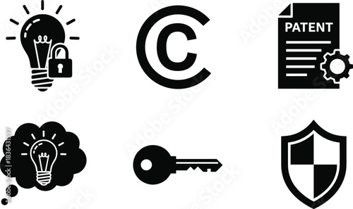 Intellectual property icon collection, patent law and copyright protection symbols, creative idea security vector, business innovation trademarks, legal shield and key signs.