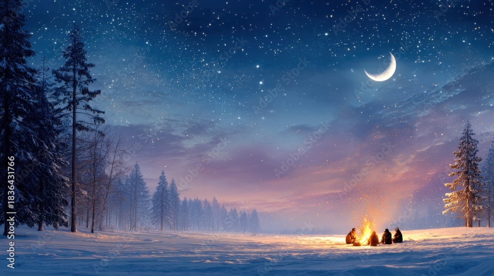 Naklejka premium People sitting around a campfire on a snowy winter night under a starry sky with a crescent moon. Cozy outdoor gathering for holiday.