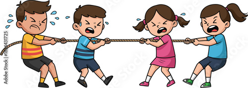 Kids tug-of-war competition, boys versus girls struggle for victory, vector cartoon illustration.