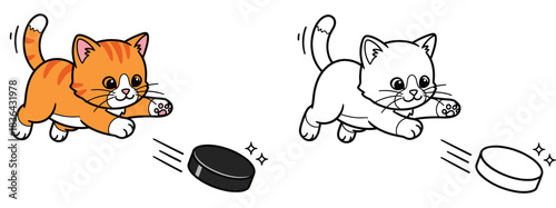 Cute cartoon cat playing ice hockey chasing a puck vector illustration with black and white outline for coloring book page