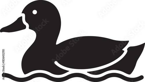 Black silhouette of a duck swimming on wavy water white