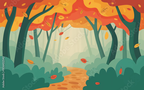 Autumn forest path with falling leaves and mist vector