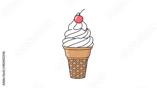 Delicious Soft Serve Ice Cream Cone with Cherry Topping Sweet Treat Illustration