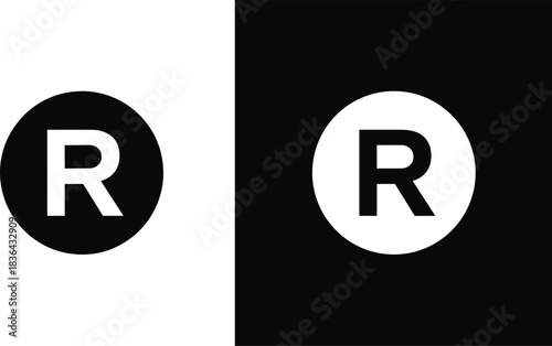 Registered trademark symbol vector icon set, black and white R letter logo, legal protection mark for business identity, intellectual property sign, flat design.