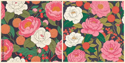 A richly detailed vintage-style vector pattern of pink and white peonies, orange blooms, and lush green leaves on a dark background