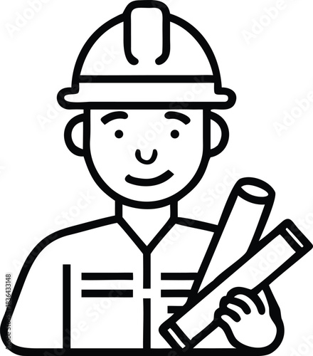 Engineer smiling and holding rolled plans while wearing safety helmet is shown in outline
