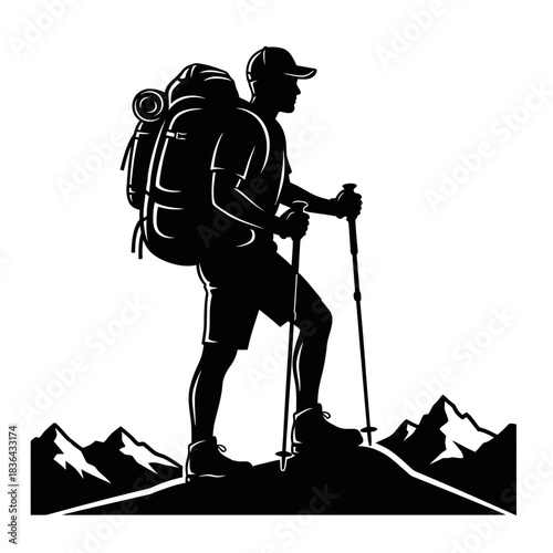 Hiking Explorer Silhouette – Trekking Adventure Mountain Backpack Vector