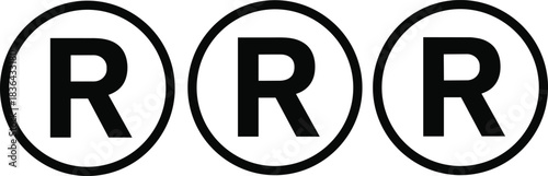 Set of three black registered trademark symbols, flat vector icons for business branding, legal protection, intellectual property rights, and copyright law illustration