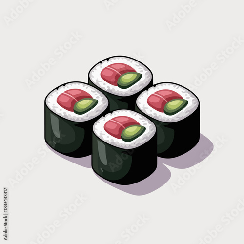 A beautifully arranged set of sushi rolls on a minimalistic background, showcasing culinary artistry and the delicious appeal of Japanese cuisine.