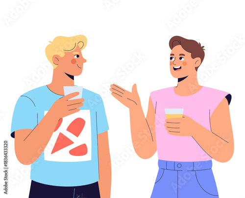 Two young men engaged in a lively conversation while holding drinks, reflecting the themes of friendship, connection, and social interactions in a relaxed setting.