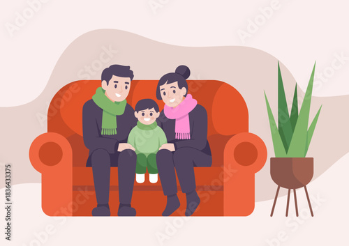 This lovely illustration features a family seated together on a sofa, radiating warmth and happiness, showcasing their close-knit bond and sense of togetherness in a cozy home.