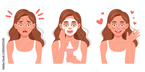 This series of illustrations showcases the skincare journey of a girl, transitioning from skin issues to applying a mask and finally revealing radiant skin, emphasizing self-care.