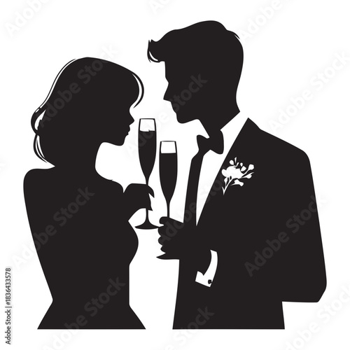 Wedding Couple Silhouette – Bride and Groom Toast Celebration Vector