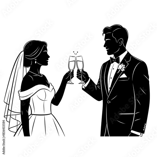 Wedding Couple Silhouette – Bride and Groom Toast Celebration Vector