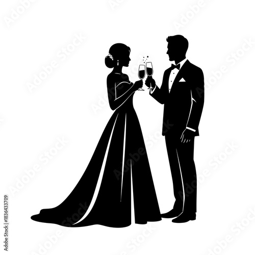 Wedding Couple Silhouette – Bride and Groom Toast Celebration Vector