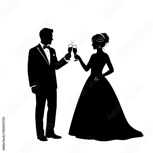 Wedding Couple Silhouette – Bride and Groom Toast Celebration Vector