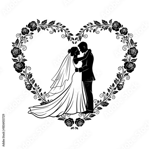 Wedding Couple Silhouette – Bride and Groom Toast Celebration Vector