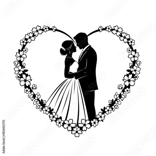 Romantic Wedding Couple Silhouette in Floral Heart – Bride Groom Love Vector