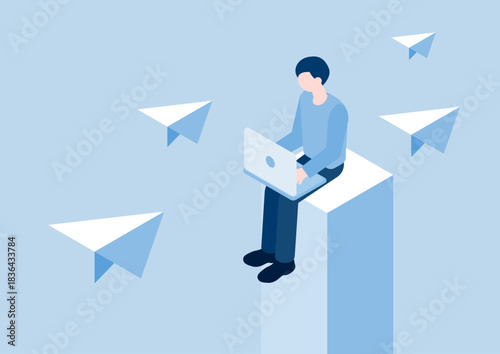 お問い合わせに対応するリモートのビジネスマンと紙飛行機のアイソメトリックイラスト