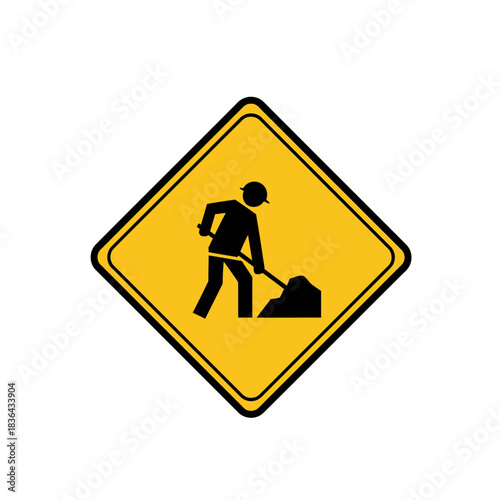 Road Work Warning Sign – Construction Worker Safety Shovel Icon Vector