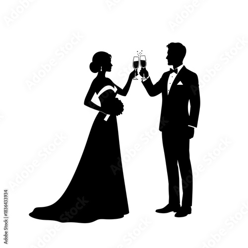 Wedding Couple Silhouette – Bride and Groom Toast Celebration Vector