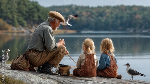 A Serene Fishing Moment: A grandfather shares a cherished day of fishing with two grandchildren beside a serene lake, capturing a timeless scene of familial bond and leisure. 