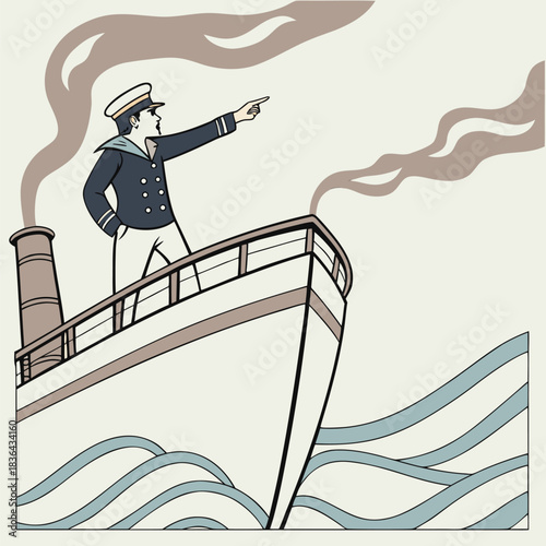 Illustrated sailor points ahead from a vintage steamship, with smokestack and stylized ocean waves