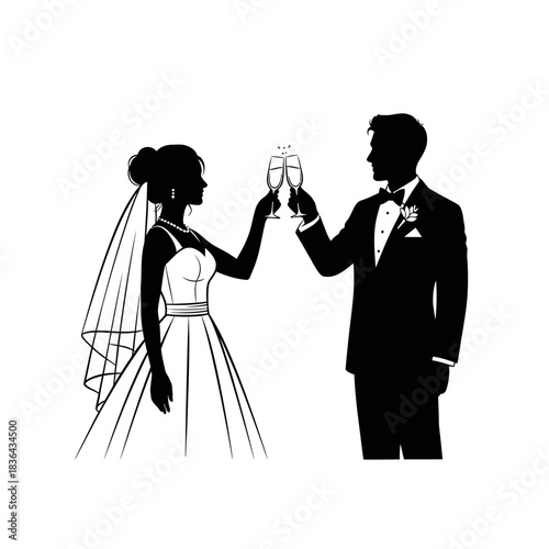 Wedding Couple Silhouette – Bride and Groom Toast Celebration Vector