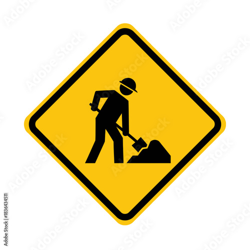 Road Work Warning Sign – Construction Worker Safety Shovel Icon Vector